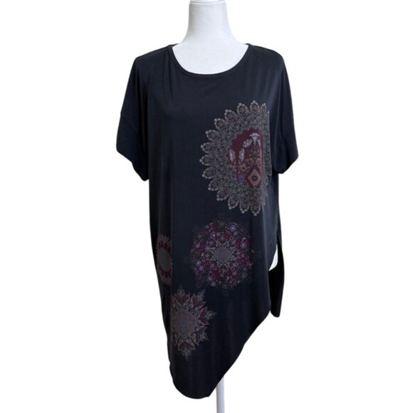 Desigual Womens Top Black Asymmetrical Hem Mandala Print Tunic Size M - Picture 1 of 8
